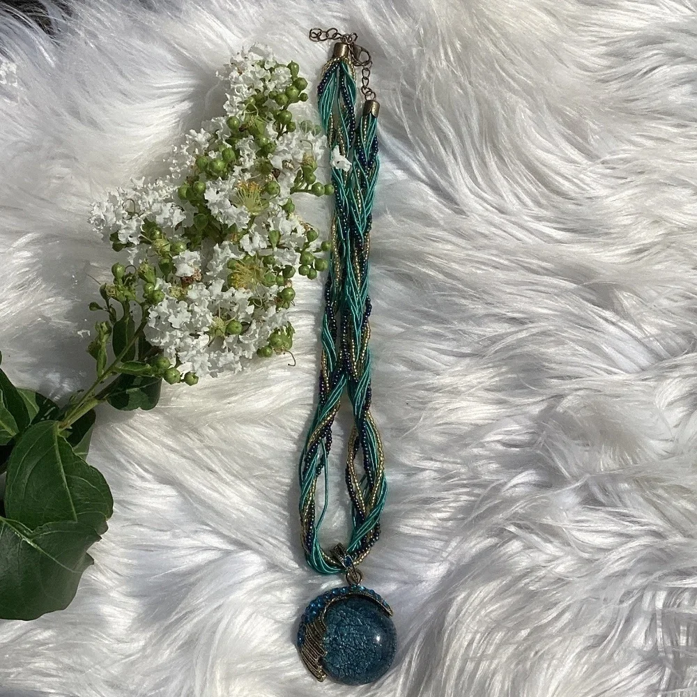 Bohemian Twist Beaded Fabric Blue Rhinestone Orb Pendant Necklace - Picture 7 of 9